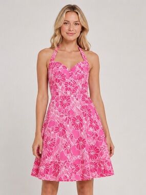 Lilly Pulitzer Pink Floral Halter Backless Dress Size 2